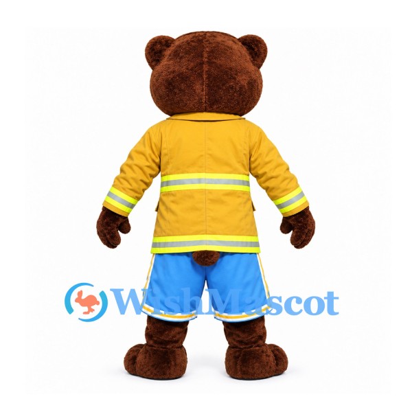 Bear Firefighter Mascot Costume with Yellow Jacket and Blue Shorts
