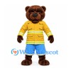 Bear Firefighter Mascot Costume with Yellow Jacket and Blue Shorts