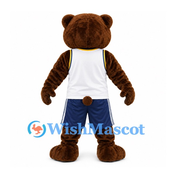 Bear Mascot Costume in Brown with White Vest and Navy Shorts