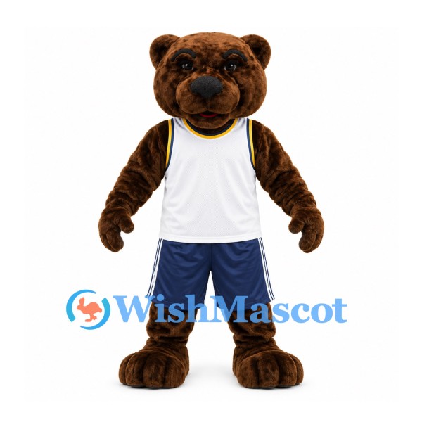 Bear Mascot Costume in Brown with White Vest and Navy Shorts