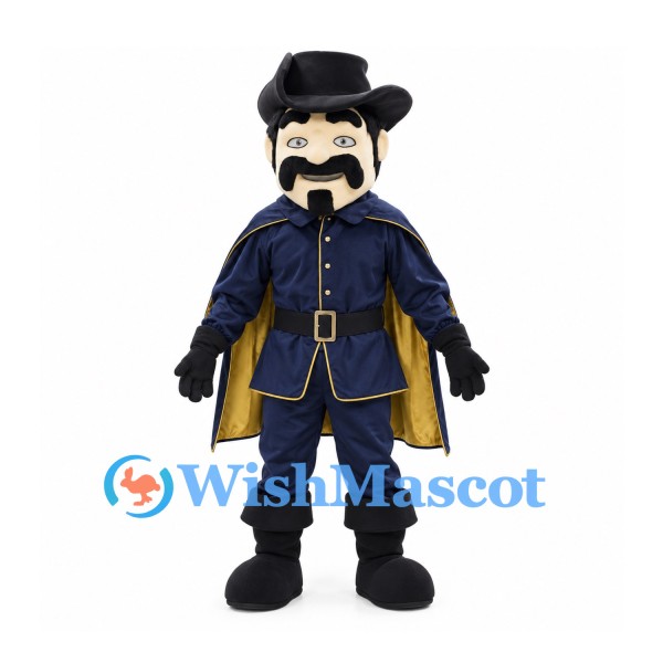 Bearded Cowboy Mascot Costume with Black Hat and Navy Cape