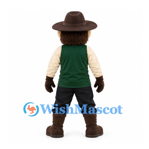 Bearded Frontiersman Mascot Costume with Brown Hat and Green Vest