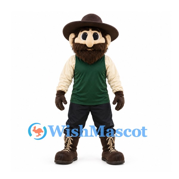 Bearded Frontiersman Mascot Costume with Brown Hat and Green Vest