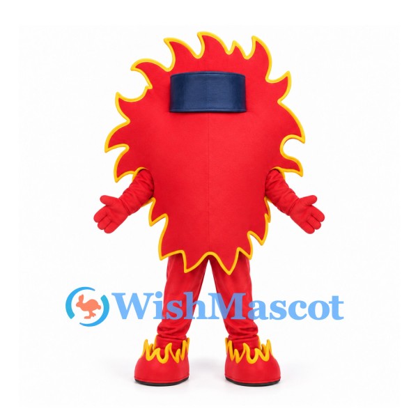 Fire Mascot Costume in Red with Yellow Flame Outline and Dark Visor
