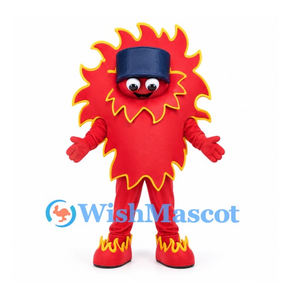 Fire Mascot Costume in Red with Yellow Flame Outline and Dark Visor