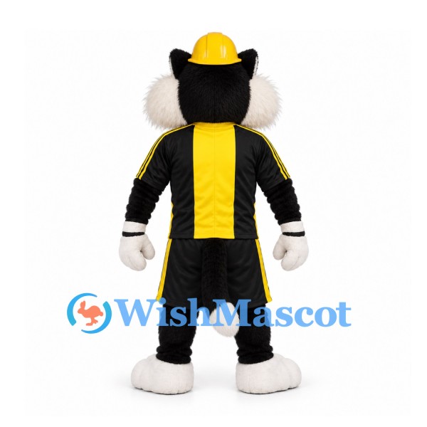 Cat Mascot Costume in Black and White with Yellow Hard Hat and Sports Uniform