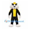 Cat Mascot Costume in Black and White with Yellow Hard Hat and Sports Uniform