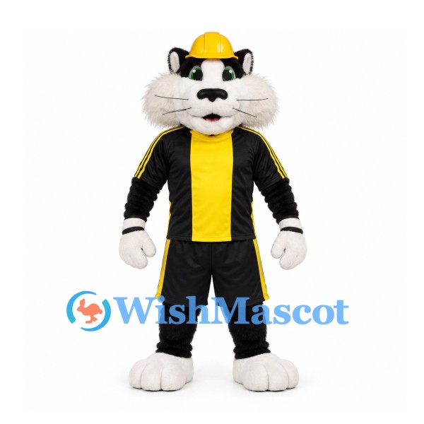 Cat Mascot Costume in Black and White with Yellow Hard Hat and Sports Uniform