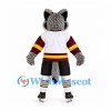 Wolf Mascot Costume in Gray with Burgundy Hockey Sleeves and Ice Skates
