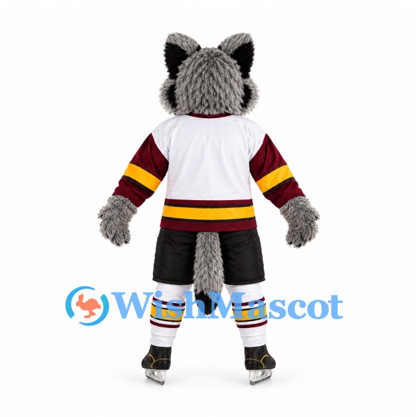 Wolf Mascot Costume in Gray with Burgundy Hockey Sleeves and Ice Skates