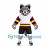 Wolf Mascot Costume in Gray with Burgundy Hockey Sleeves and Ice Skates