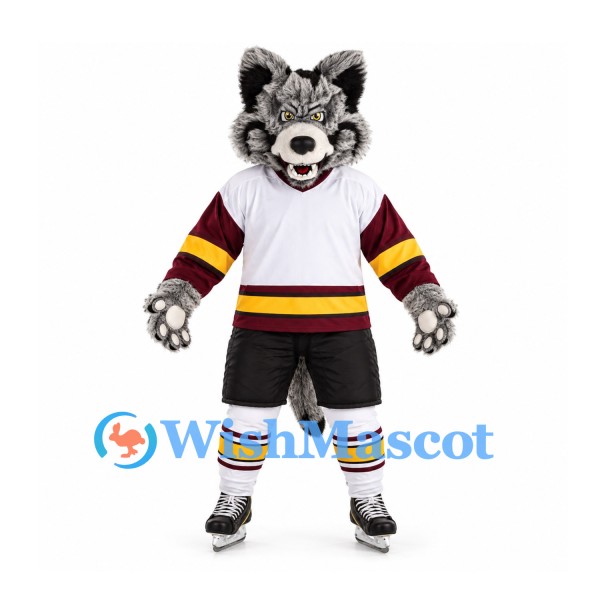 Wolf Mascot Costume in Gray with Burgundy Hockey Sleeves and Ice Skates