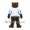 Bear Mascot Costume in Brown with White and Blue Hockey Shirt
