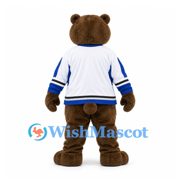 Bear Mascot Costume in Brown with White and Blue Hockey Shirt