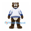 Bear Mascot Costume in Brown with White and Blue Hockey Shirt