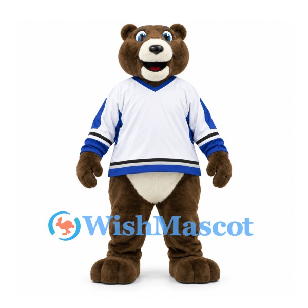 Bear Mascot Costume in Brown with White and Blue Hockey Shirt