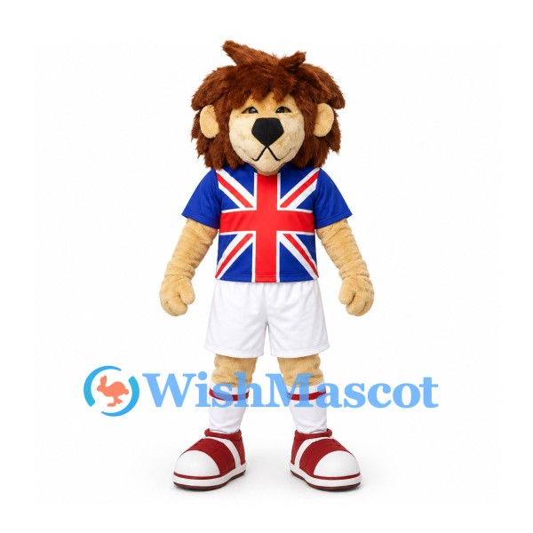 Lion Mascot Costume with Union Jack Shirt and White Shorts