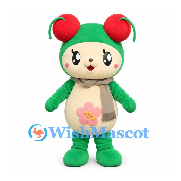 Bear Character Mascot Costume in Green with Cherry Ear Decorations and Scarf