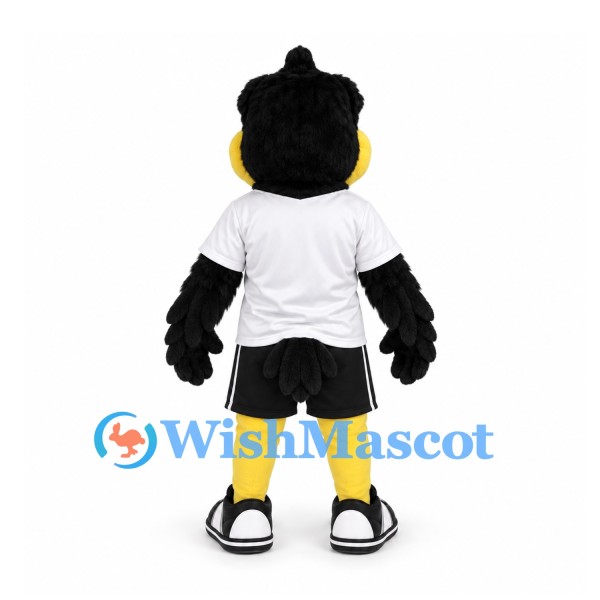 Black Bird Mascot Costume with Large Yellow Beak and White Shirt