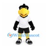 Black Bird Mascot Costume with Large Yellow Beak and White Shirt
