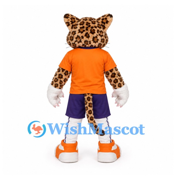 Leopard Mascot Costume with Orange Shirt and Purple Shorts