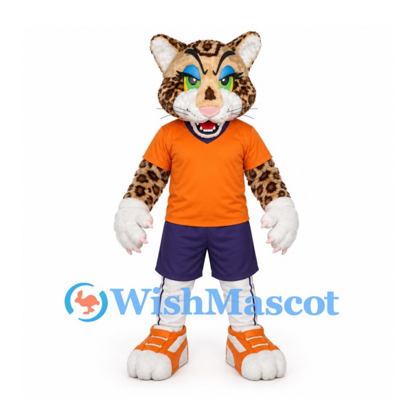 Leopard Mascot Costume with Orange Shirt and Purple Shorts