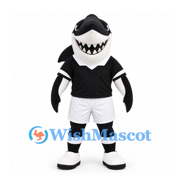 Shark Mascot Costume in Black and White with Sports Uniform