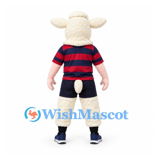 Sheep Mascot Costume in Cream with Red and Navy Striped Shirt