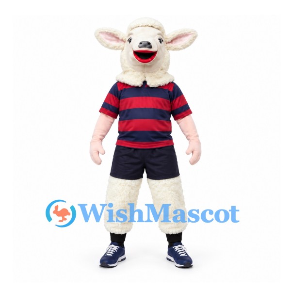 Sheep Mascot Costume in Cream with Red and Navy Striped Shirt
