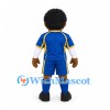 Soccer Player Mascot Costume with Curly Black Hair and Blue Uniform