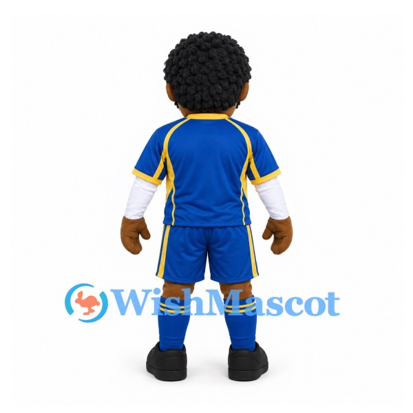 Soccer Player Mascot Costume with Curly Black Hair and Blue Uniform
