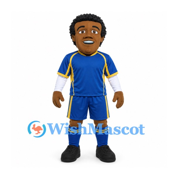 Soccer Player Mascot Costume with Curly Black Hair and Blue Uniform
