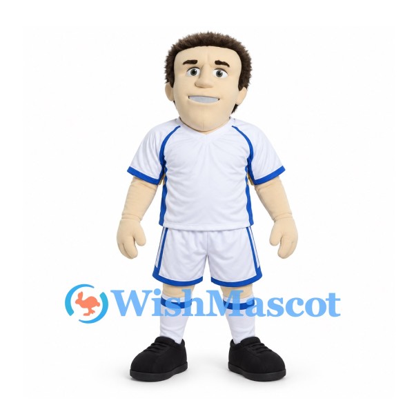 Soccer Player Mascot Costume with Brown Hair and White Uniform