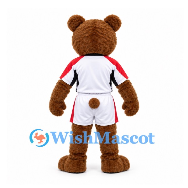Bear Mascot Costume in Brown with White and Red Sports Uniform