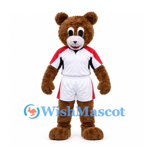 Bear Mascot Costume in Brown with White and Red Sports Uniform