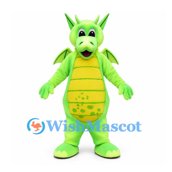 Dragon Mascot Costume in Lime Green with Yellow Belly and Bat Wings