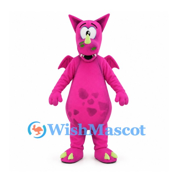 Dragon Mascot Costume in Pink with Green Spikes and Spotted Belly