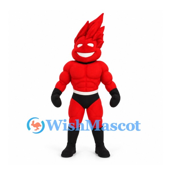 Fire Superhero Mascot Costume in Red with Muscular Body and Black Boots