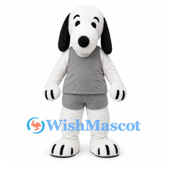 White Dog Mascot Costume with Black Ears and Gray Basketball Uniform