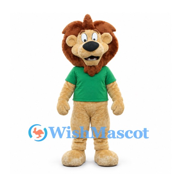 Lion Mascot Costume in Tan with Green Shirt and Brown Mane
