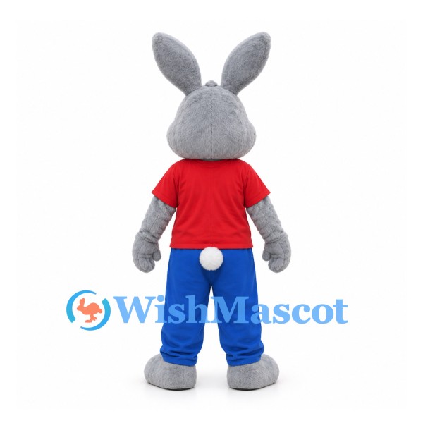 Rabbit Mascot Costume in Gray with Red Shirt and Blue Pants