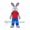 Rabbit Mascot Costume in Gray with Red Shirt and Blue Pants