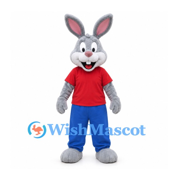 Rabbit Mascot Costume in Gray with Red Shirt and Blue Pants