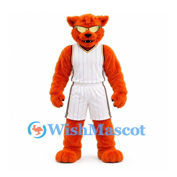 Wildcat Mascot Costume in Orange with Sunglasses and White Basketball Uniform