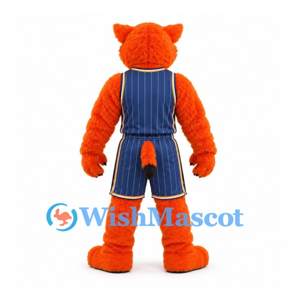 Wildcat Mascot Costume in Orange with Navy Pinstriped Basketball Uniform