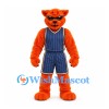Wildcat Mascot Costume in Orange with Navy Pinstriped Basketball Uniform
