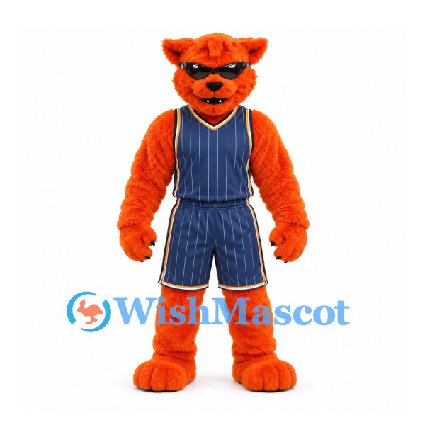 Wildcat Mascot Costume in Orange with Navy Pinstriped Basketball Uniform