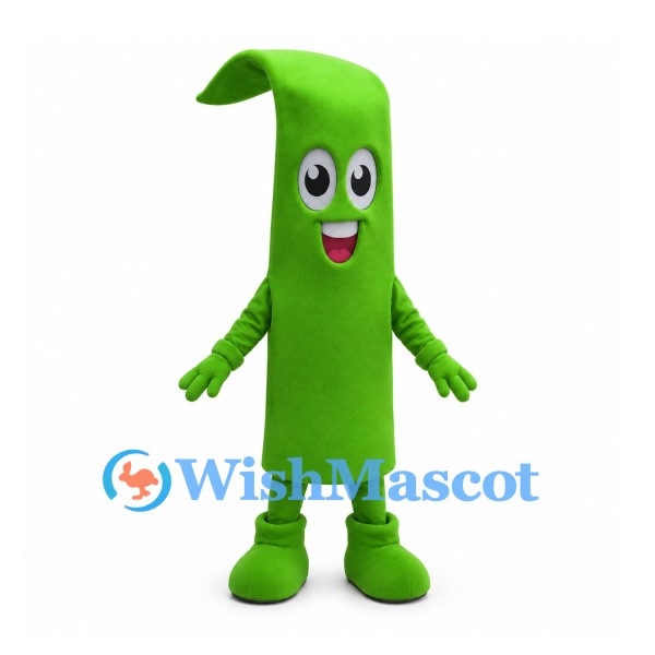 Green Bean Mascot Costume with Curved Tip and Smiling Face