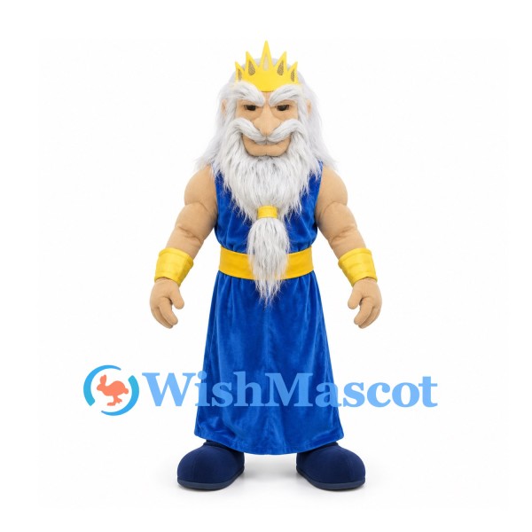 Sea King Mascot Costume with White Beard Gold Crown and Blue Robe