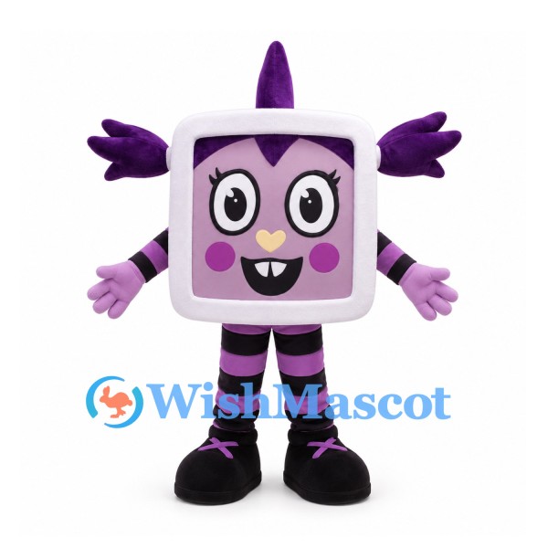 Television Monster Mascot Costume in Purple with Horn and Striped Legs